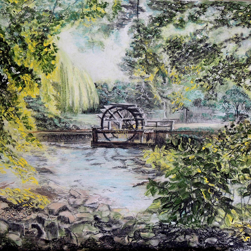 Das Wasserrad am Lederersteg :: Größe 48cm x 65cm :: Pastell