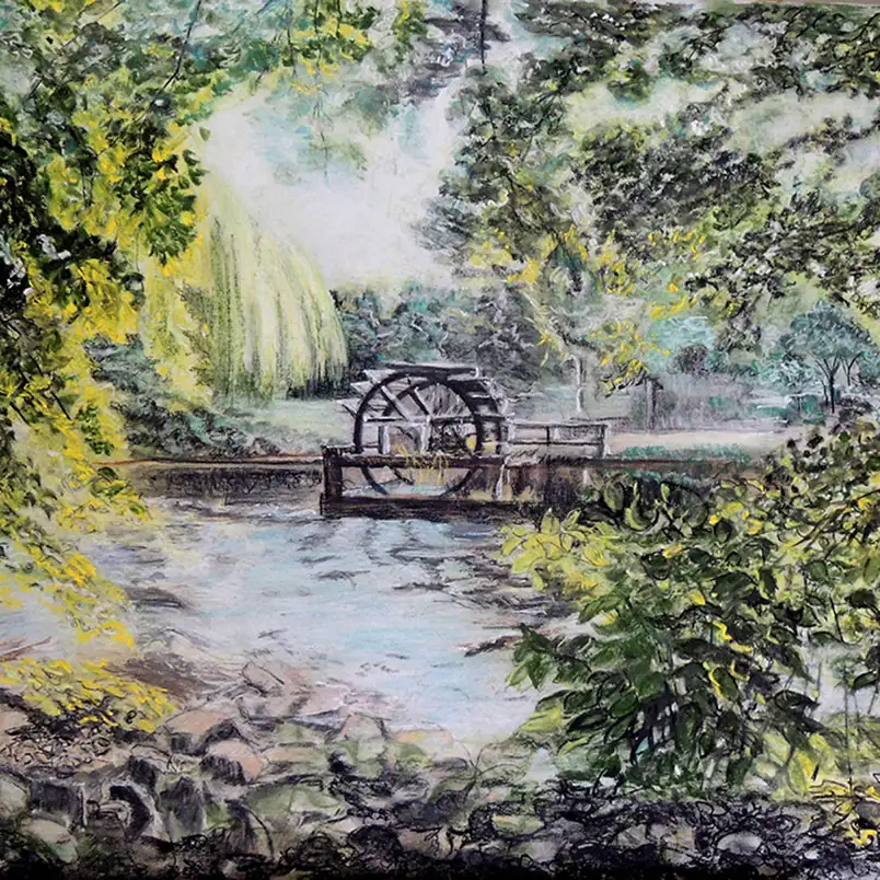 Das Wasserrad am Lederersteg :: Größe 48cm x 65cm :: Pastell